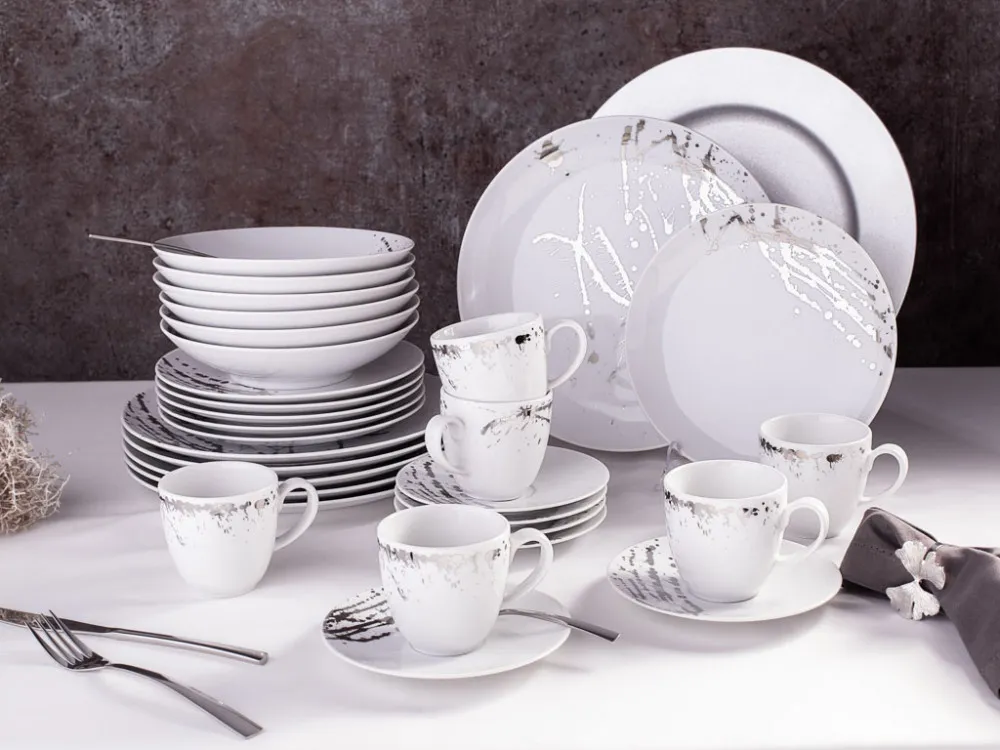Zestaw obiadowo-kawowy dla 6 osób porcelana Karolina Splendor biały platyna (30 elementów)