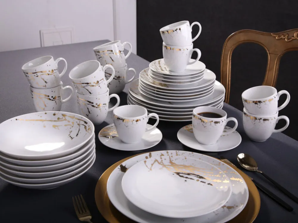 Zestaw obiadowo-kawowy dla 6 osób porcelana Karolina Splendor biały złoty (36 elementów)